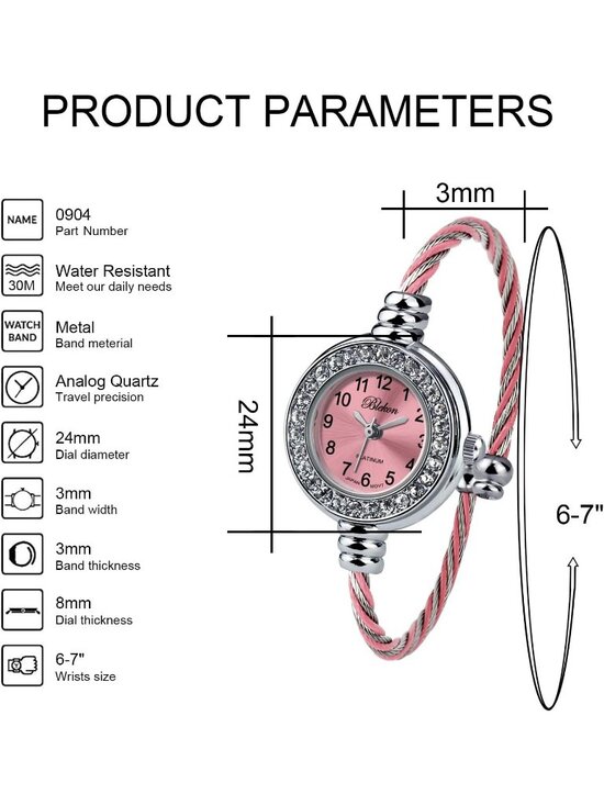 Women Silver And Pink Analog Cable Cuff Arabic Numbers Rhinestone Bracelet Watch main image 6